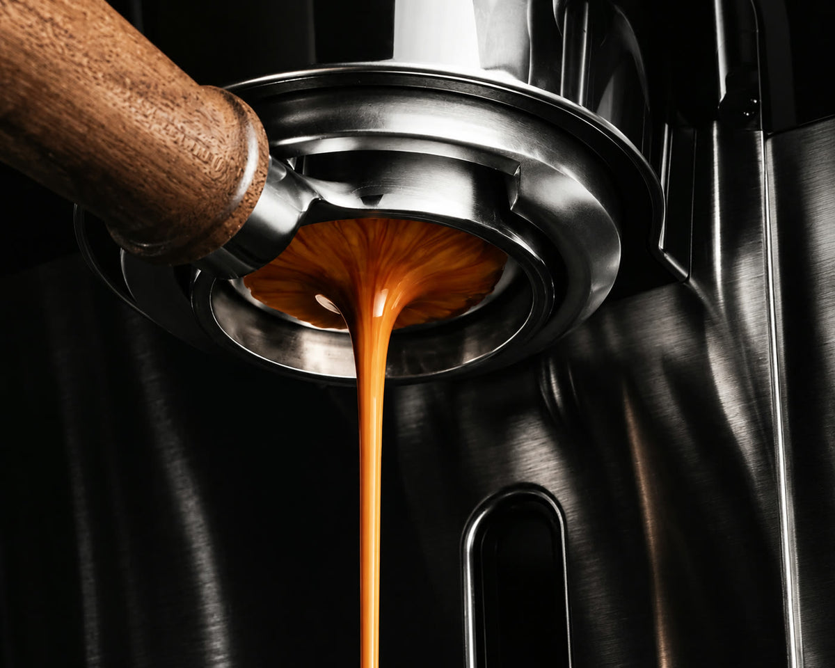 Espresso extracting from a bottomless portafilter into a stainless steel drip tray