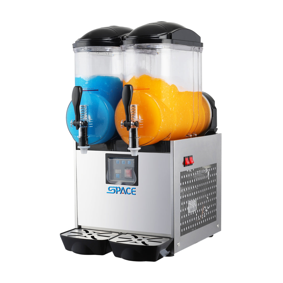 Space SC-2 twin tank slush machine with blue and orange frozen drinks in both bowls